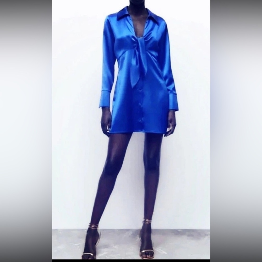 Zara Blue Satin Effect Knotted Tie Front Mini Dress Size XL Royal Blue Party